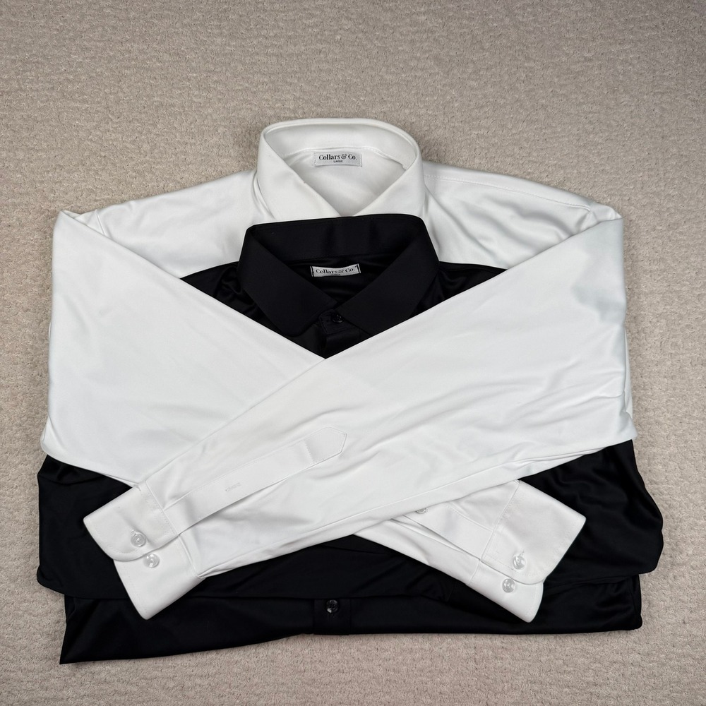 Collars & Co Mens Large Dress Collar Polo Shirt Lot of 2 Black White Long Sleeve